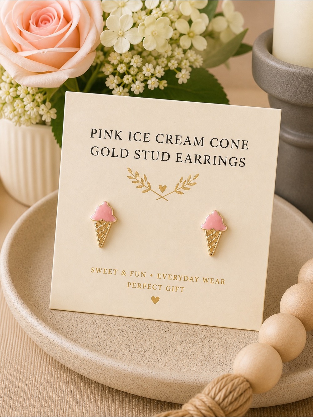 Pink Ice Cream Cone Gold Stud Earrings